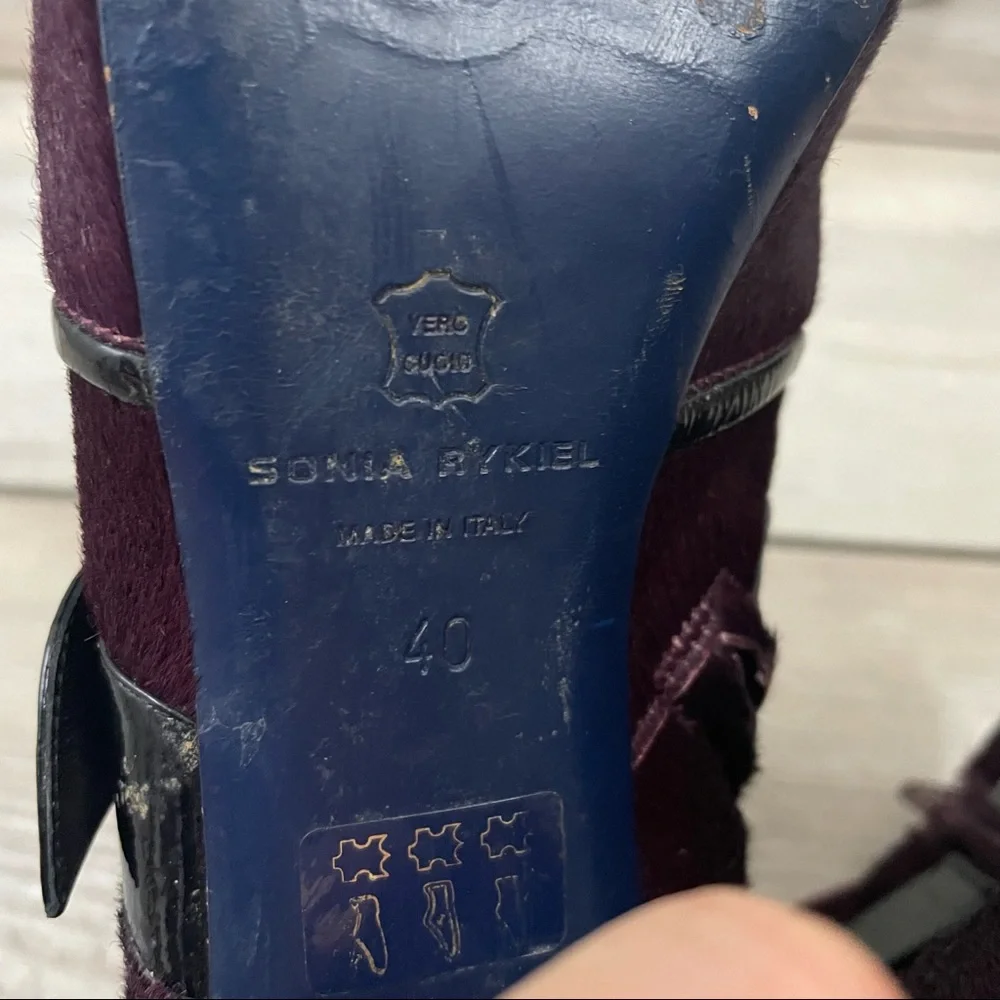 Sonia Rykiel Purple Fur Boots Women’s 8.5 Leather Buckle Block Heel‎